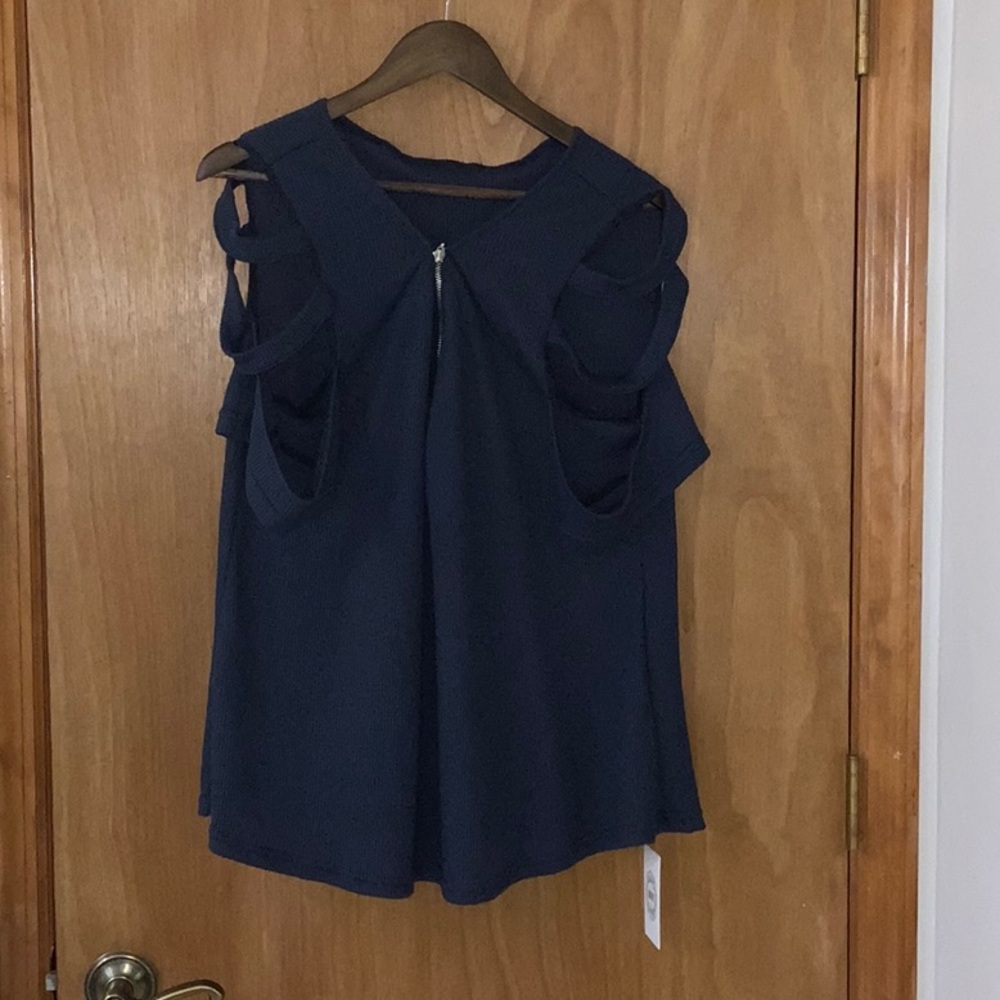 NXH zippered blouse with shoulder cut outs. Size L, navy blue